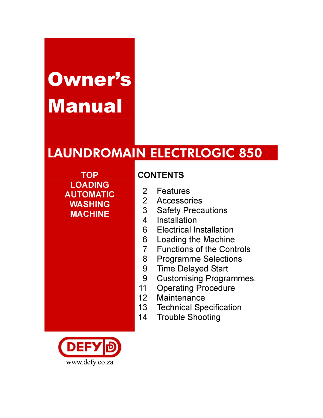 DEFY Landromain Electrlogic 850 manual Top, Loading, Automatic, Washing, Machine 