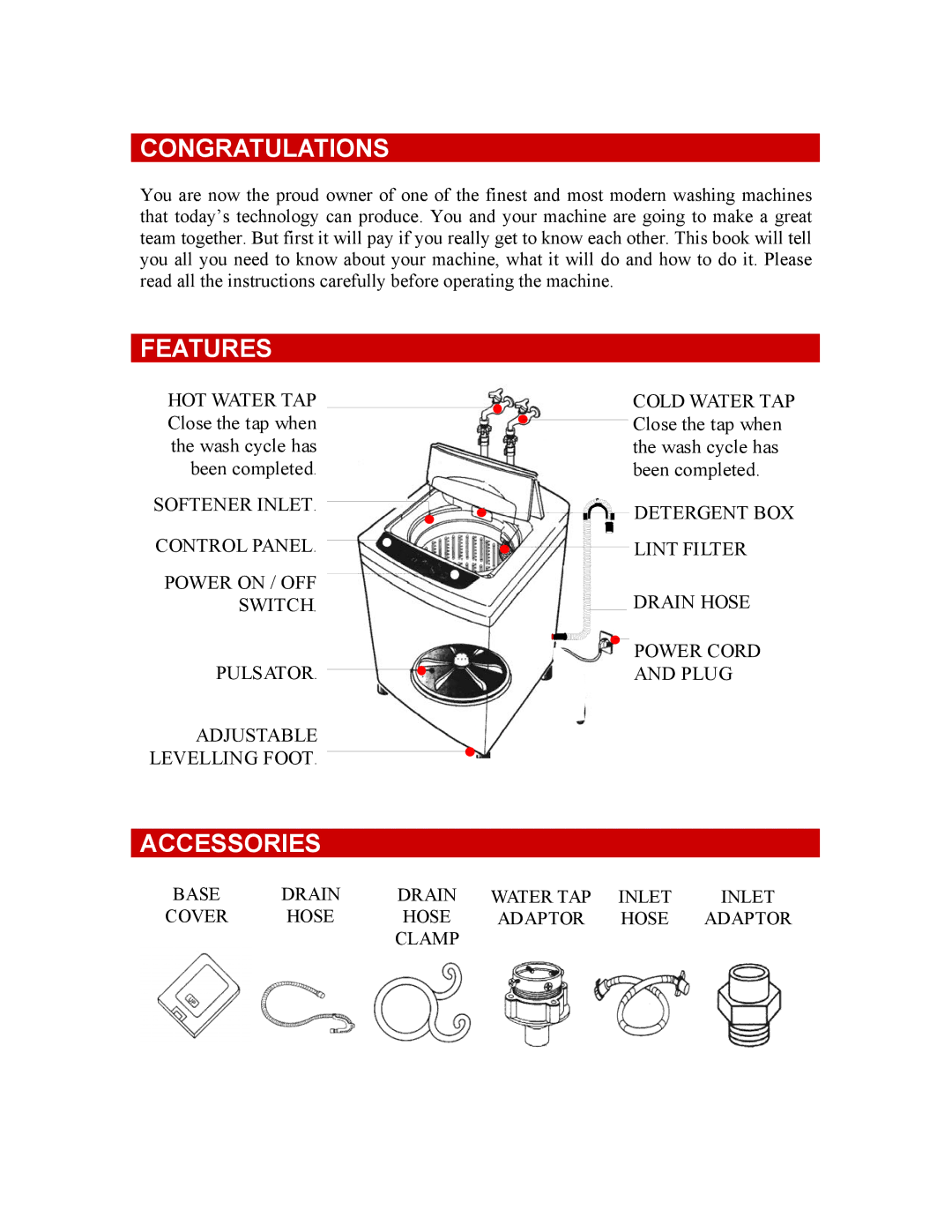 DEFY Landromain Electrlogic 850 manual Congratulations, Features, Accessories 