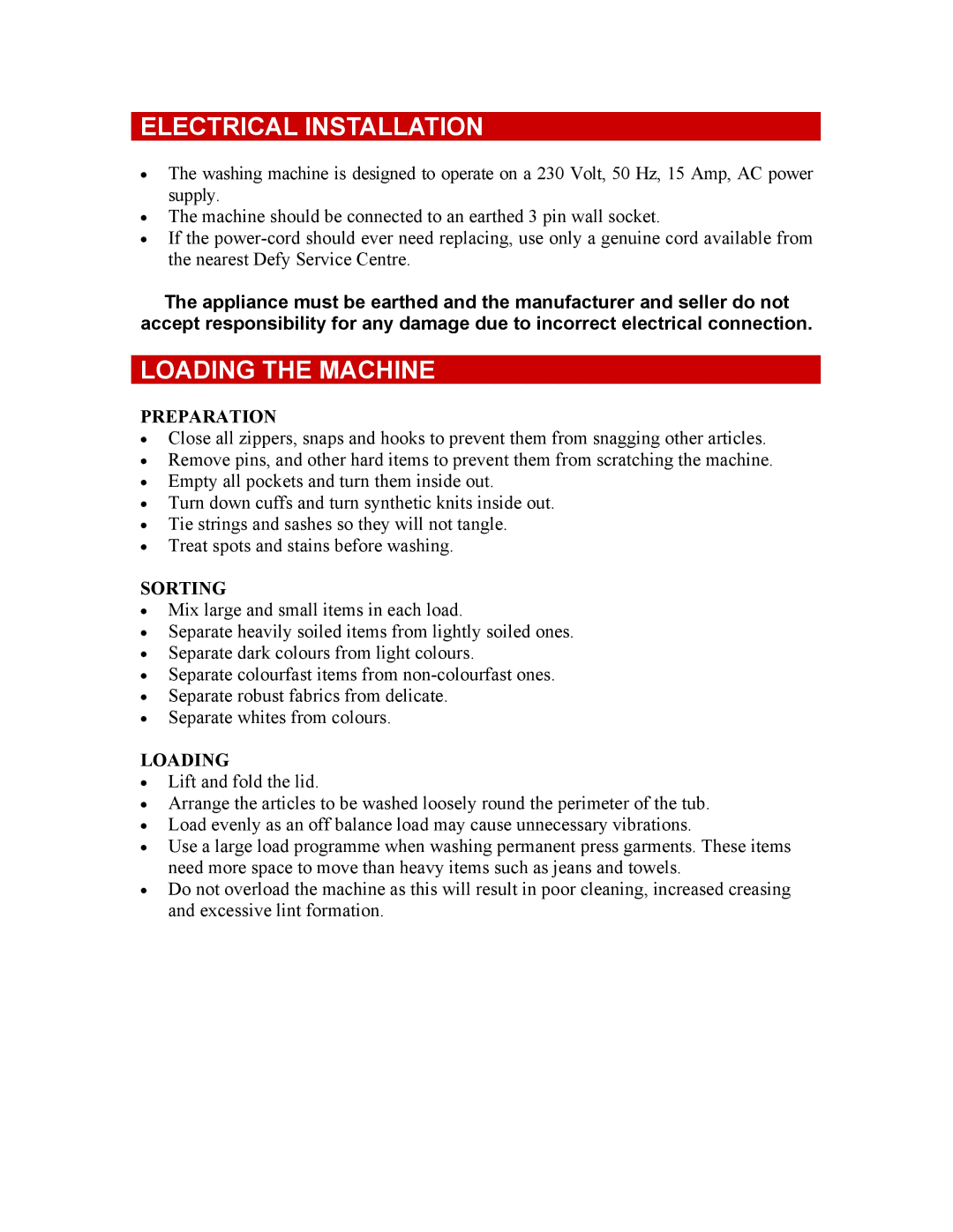 DEFY Landromain Electrlogic 850 manual Electrical Installation, Loading the Machine, Preparation, Sorting 