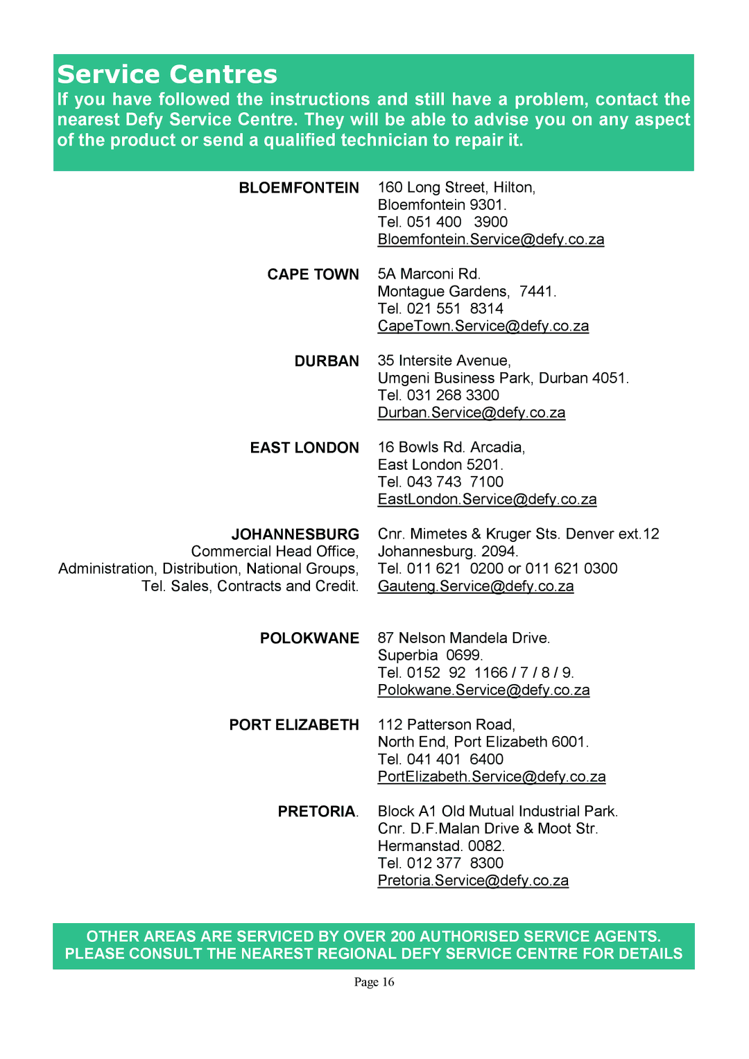 DEFY MAXIMAID 720W manual Service Centres, Johannesburg 