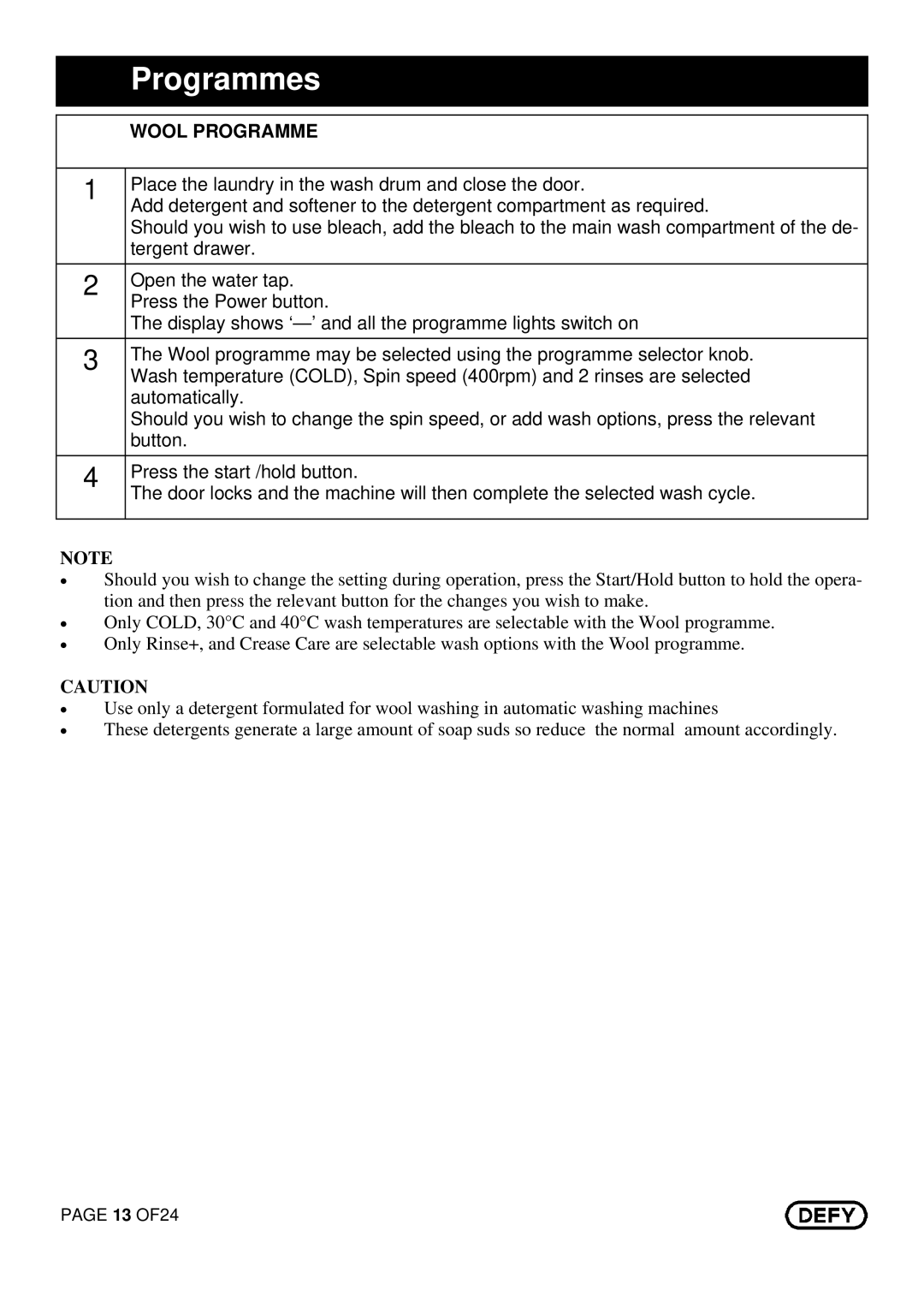 DEFY Maximaid 800 manual Wool Programme 