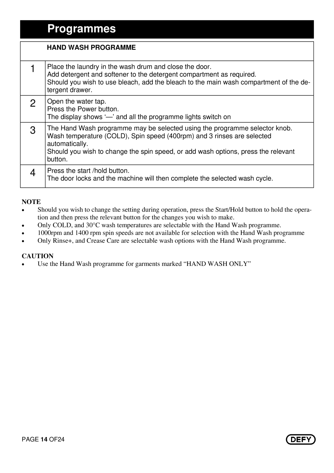 DEFY Maximaid 800 manual Hand Wash Programme 