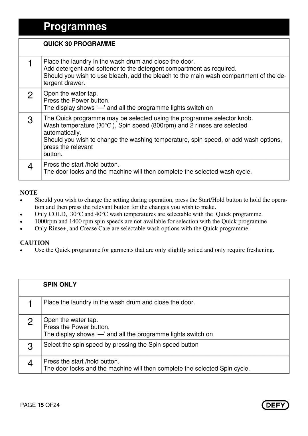 DEFY Maximaid 800 manual Quick 30 Programme, Spin only 