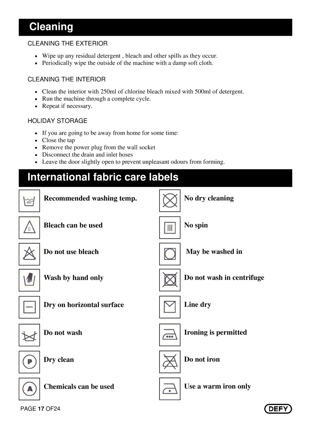 DEFY Maximaid 800 manual Cleaning, International fabric care labels 