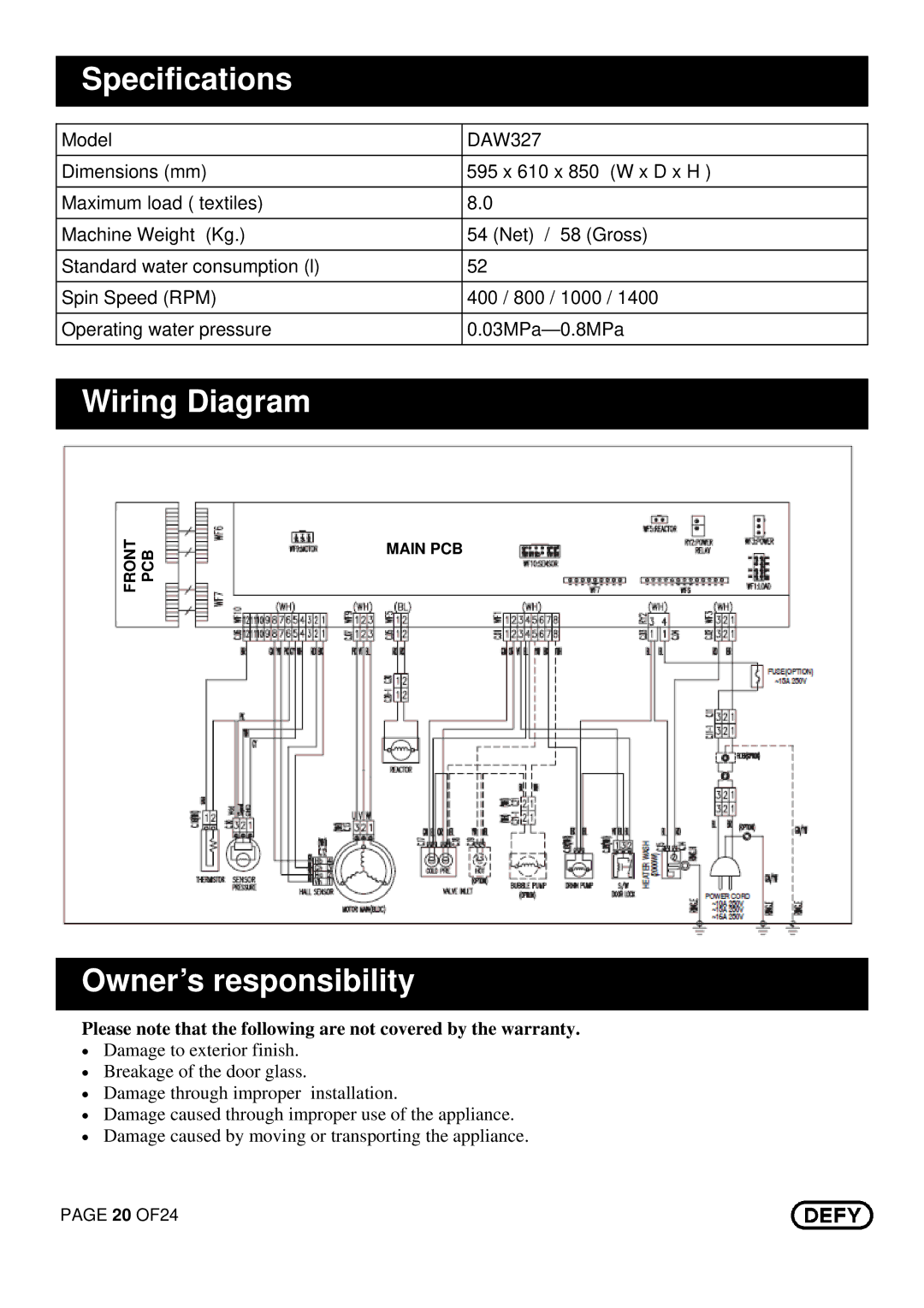 DEFY Maximaid 800 manual Specifications, Wiring Diagram, Owner’s responsibility 