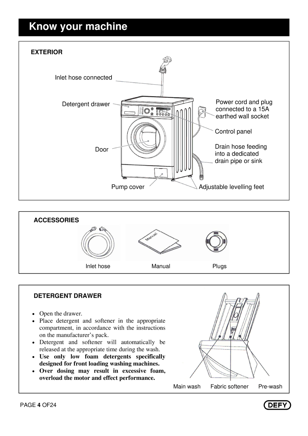 DEFY Maximaid 800 manual Know your machine, Exterior, Accessories, Detergent Drawer 