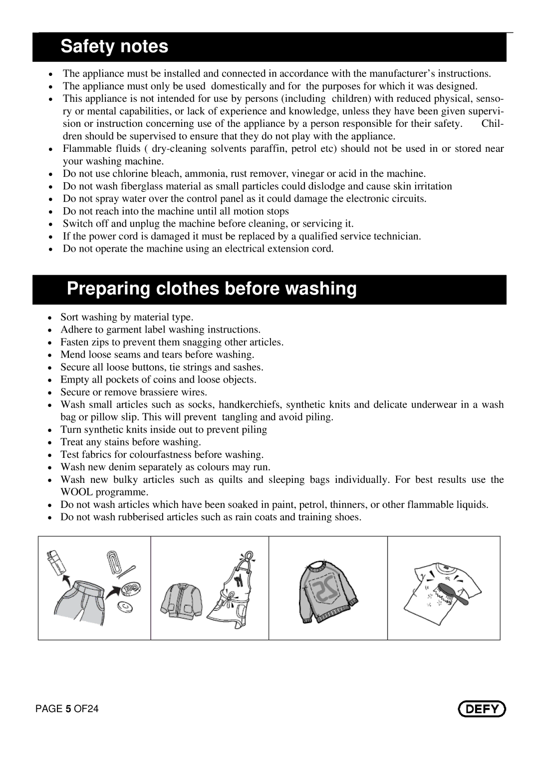 DEFY Maximaid 800 manual Safety notes, Preparing clothes before washing 