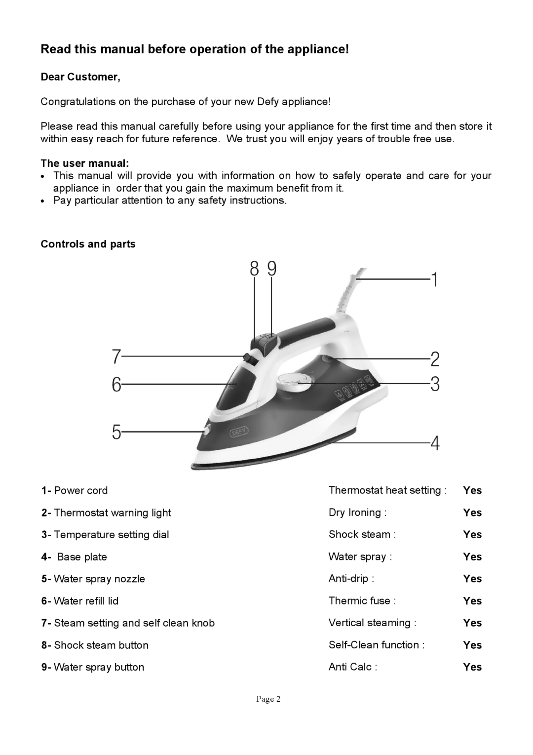 DEFY STEAM IRON SI2302 manual 