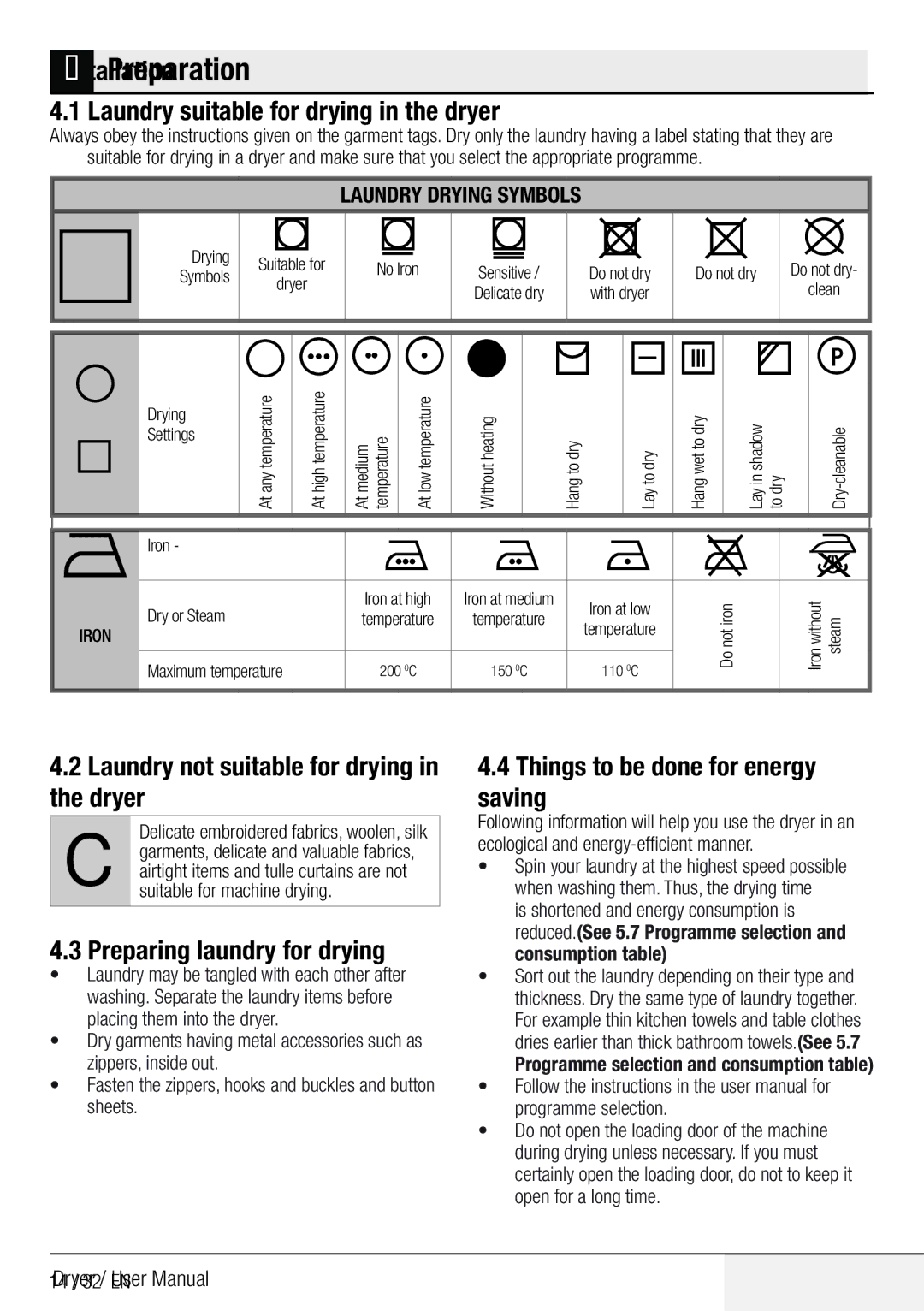 DEFY TUMBLE DRYER DPY 8504 CGM manual Preparation, Laundry suitable for drying in the dryer, Preparing laundry for drying 