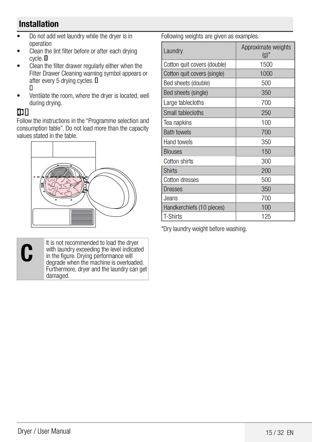 DEFY TUMBLE DRYER DPY 8504 CGM Preparation, Correct load capacity, Do not add wet laundry while the dryer is in operation 