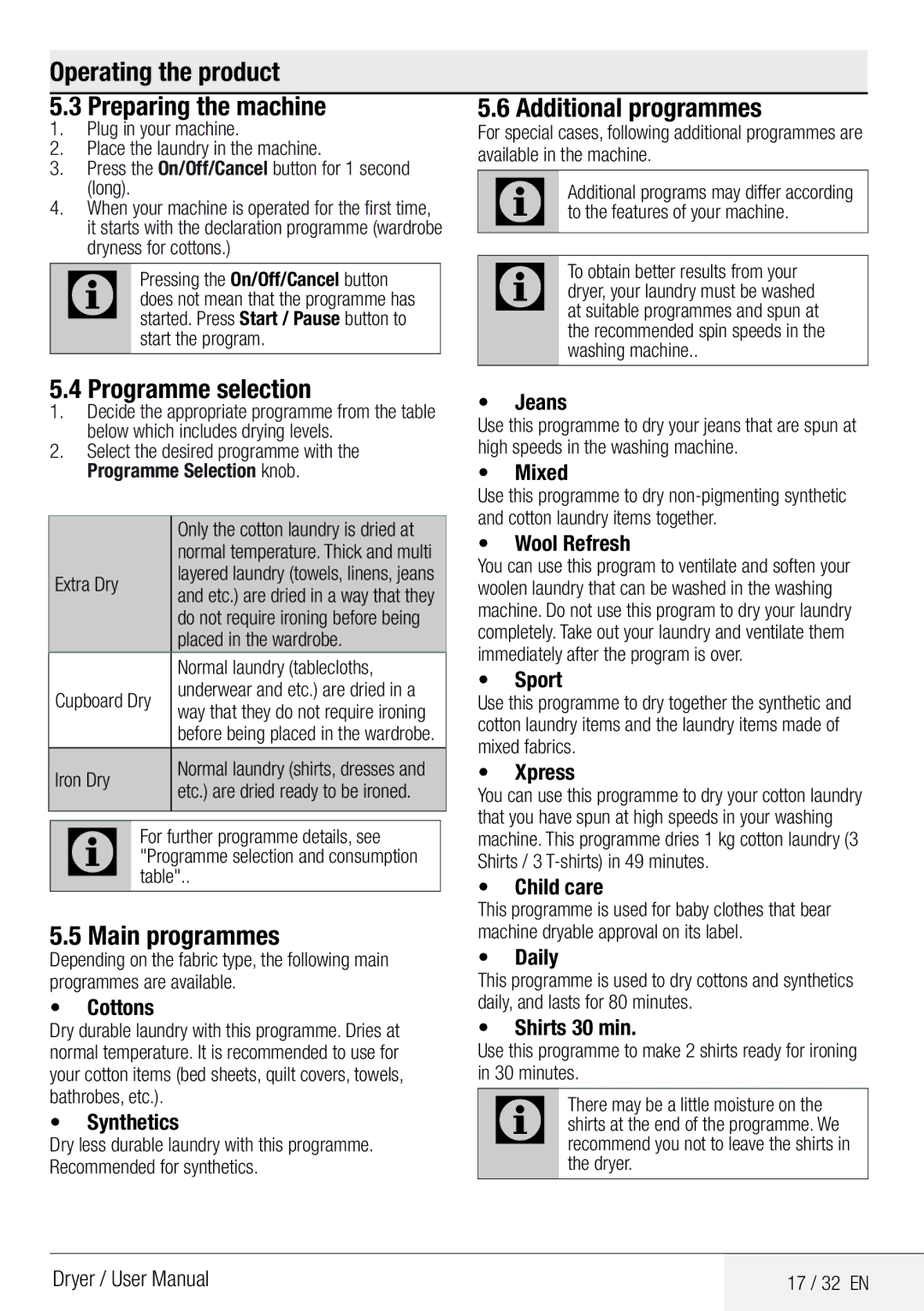 DEFY TUMBLE DRYER DPY 8504 CGM manual Main programmes, Additional programmes 