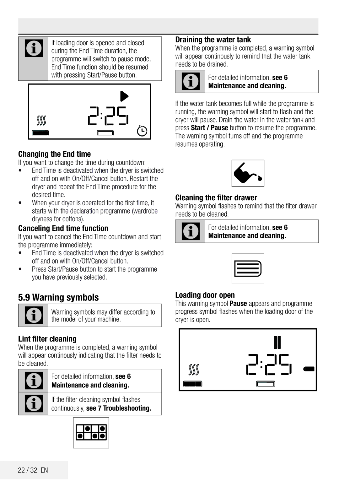 DEFY TUMBLE DRYER DPY 8504 CGM manual Changing the End time, Canceling End time function, Draining the water tank 