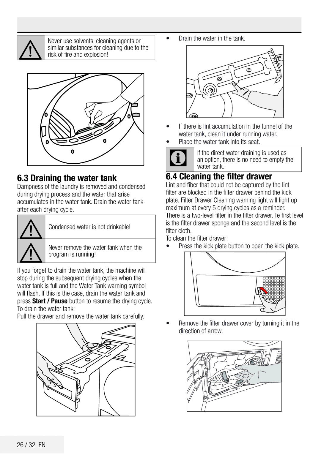 DEFY TUMBLE DRYER DPY 8504 CGM manual Maintenance and cleaning, Draining the water tank, Cleaning the filter drawer 