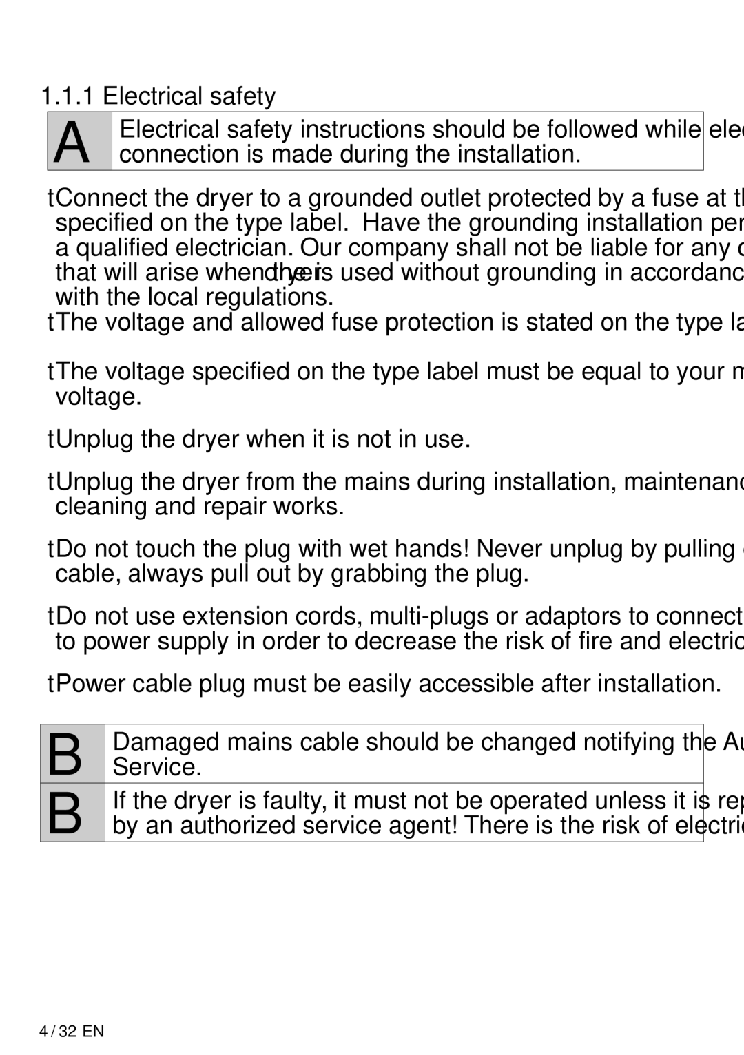 DEFY TUMBLE DRYER DPY 8504 CGM manual Important instructions for safety and environment, Electrical safety 