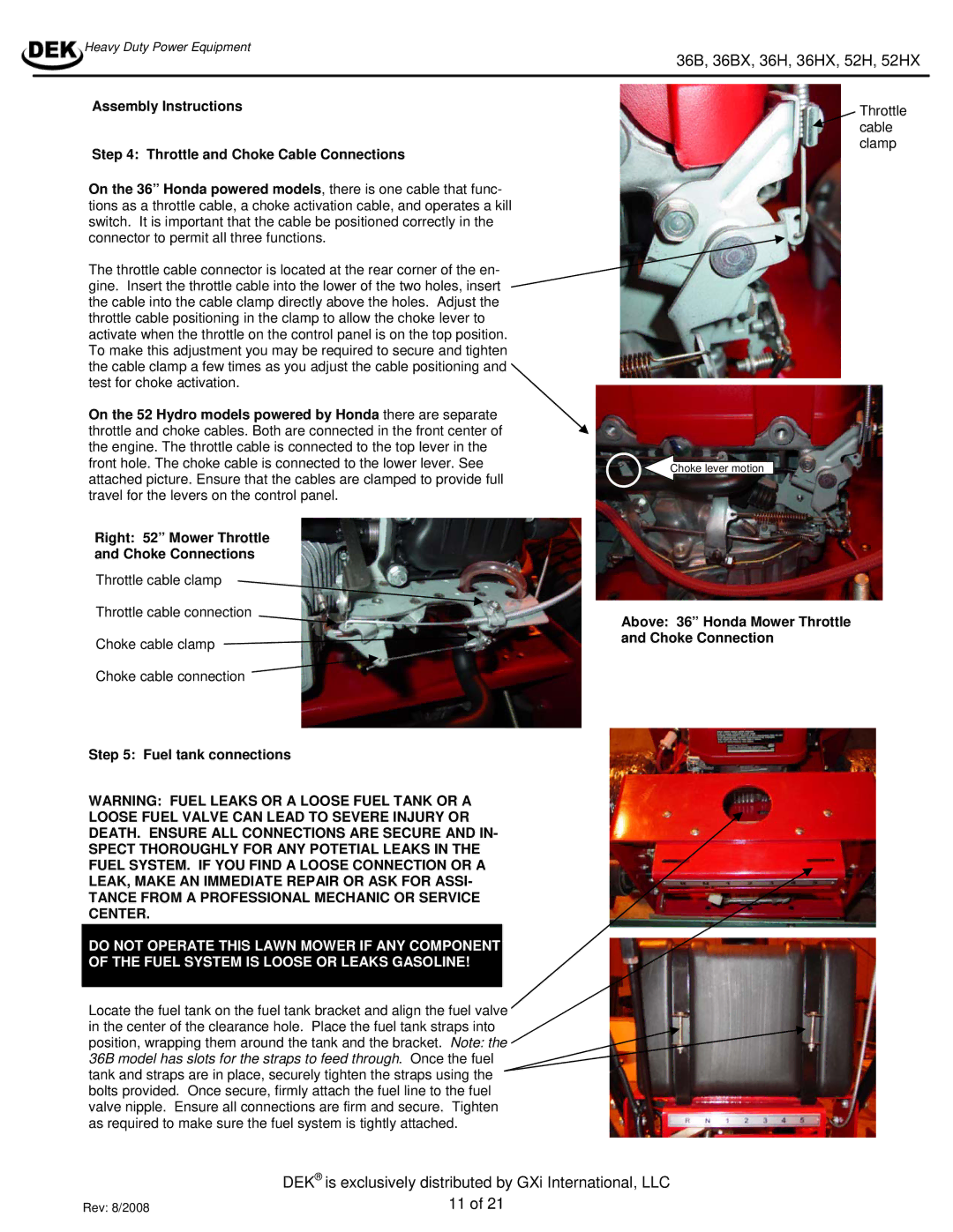 Dekko 36HX, 36BX, 52H manual Assembly Instructions Throttle and Choke Cable Connections, Fuel tank connections 