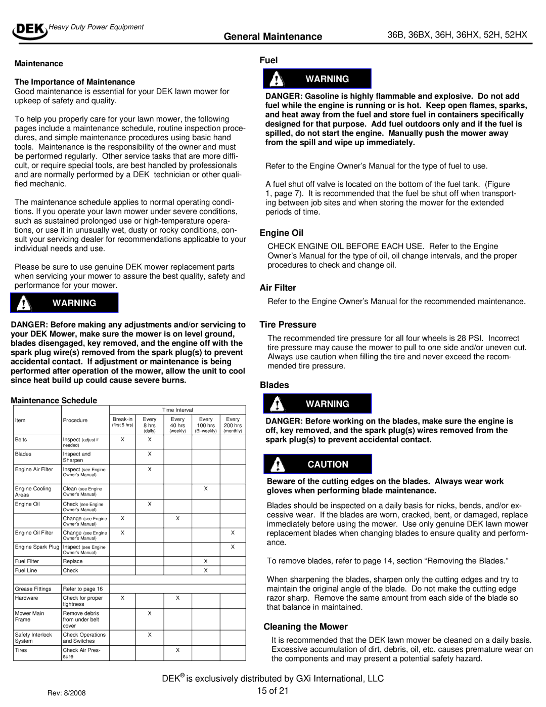 Dekko 36HX, 36BX, 52H manual General Maintenance, Fuel, Engine Oil Air Filter Tire Pressure, Blades, Cleaning the Mower 