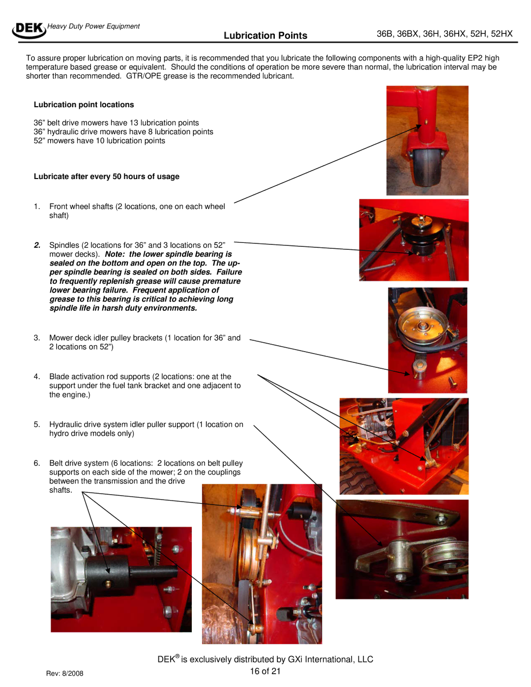 Dekko 36HX, 36BX, 52H manual Lubrication Points, Lubrication point locations, Lubricate after every 50 hours of usage 