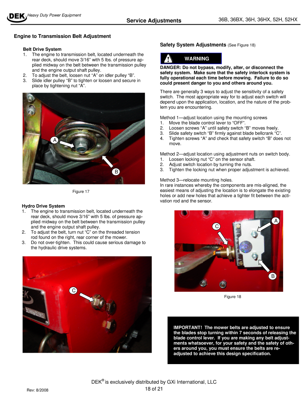 Dekko 36HX, 36BX, 52H Engine to Transmission Belt Adjustment, Safety System Adjustments See Figure, Belt Drive System 