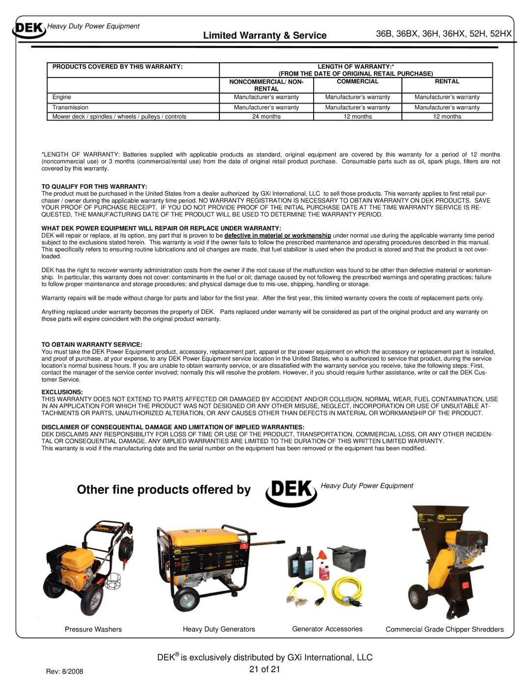 Dekko manual Limited Warranty & Service, 36B, 36BX, 36H, 36HX, 52H, 52HX 