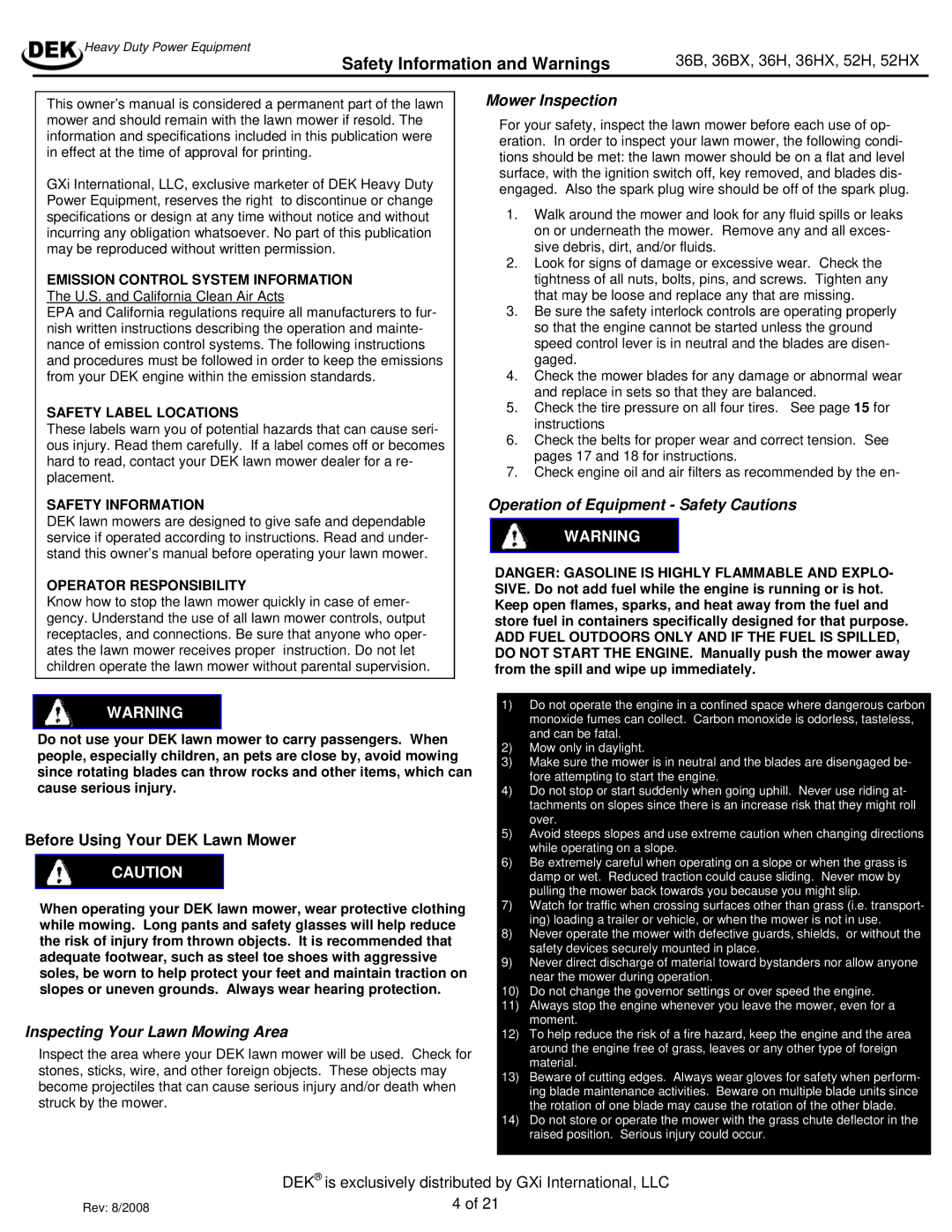 Dekko 52H, 36HX, 36BX manual Safety Information and Warnings, Before Using Your DEK Lawn Mower 