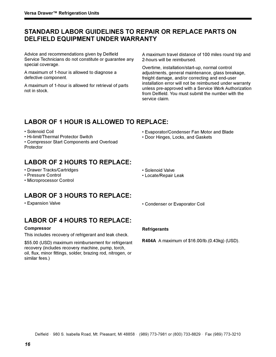 Delfield 18600VD manual Labor of 1 Hour is Allowed to Replace, Labor of 2 Hours to Replace, Labor of 3 Hours to Replace 