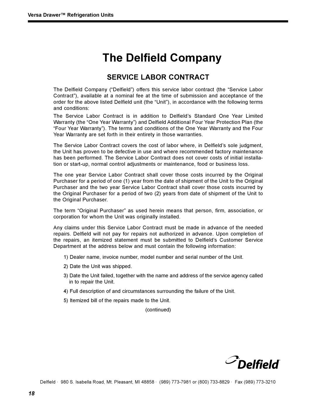 Delfield 18600VD manual Delfield Company, Service Labor Contract 