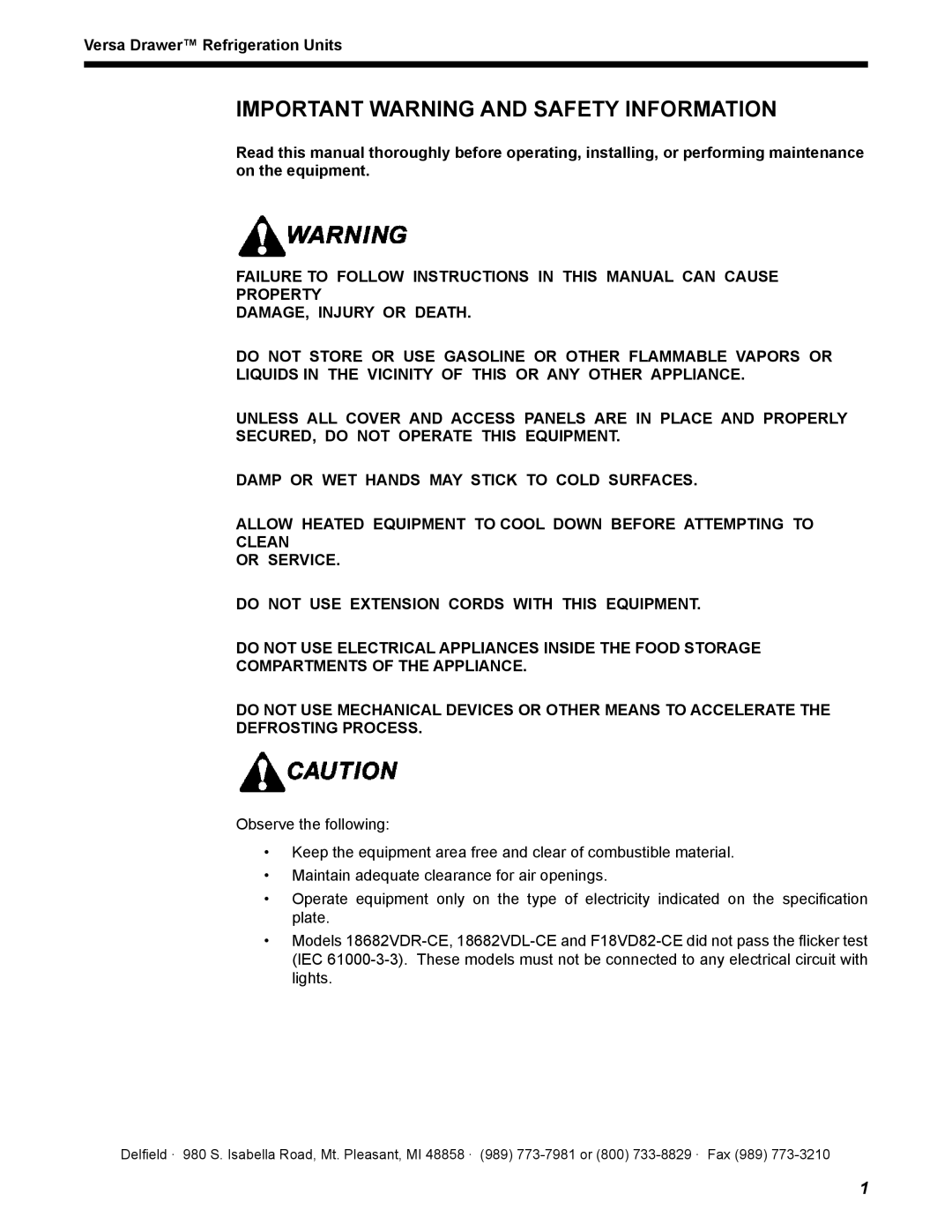 Delfield 18600VD manual Important Warning and Safety Information, Versa Drawer Refrigeration Units 