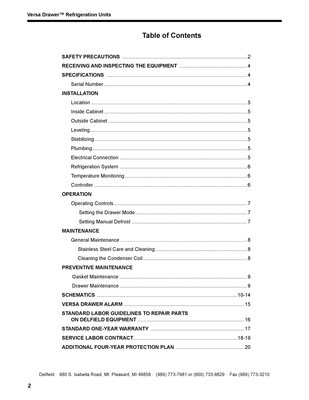 Delfield 18600VD manual Table of Contents 