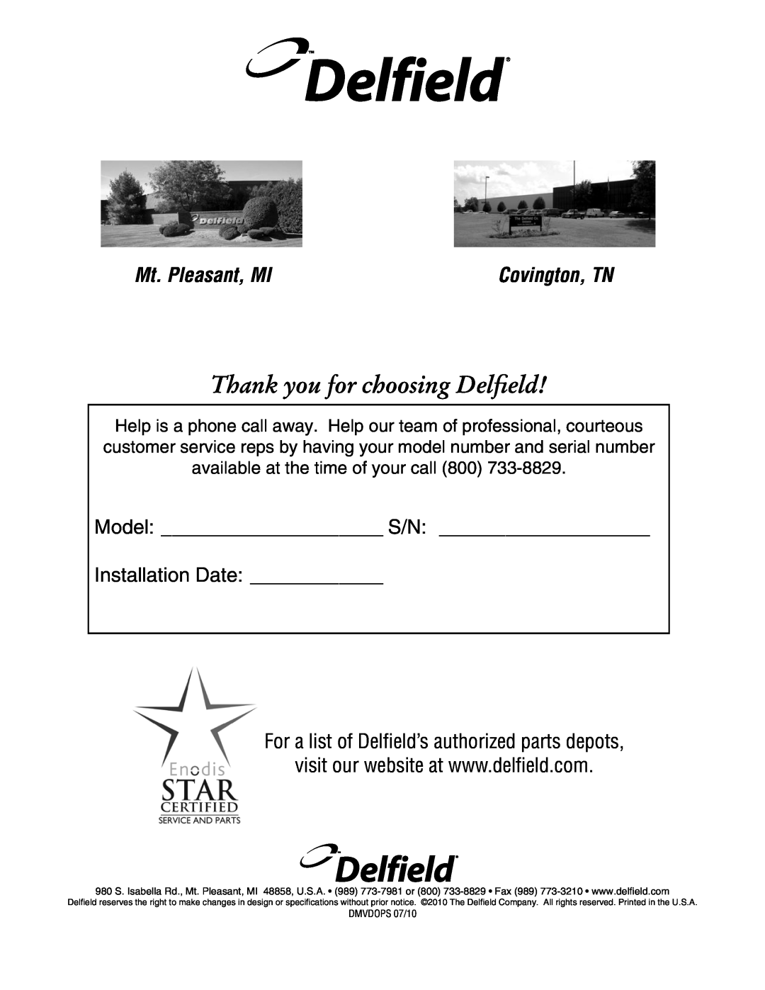 Delfield 18600VD manual Thank you for choosing Delfield, Mt. Pleasant, MI, Model S/N Installation Date, Covington, TN 