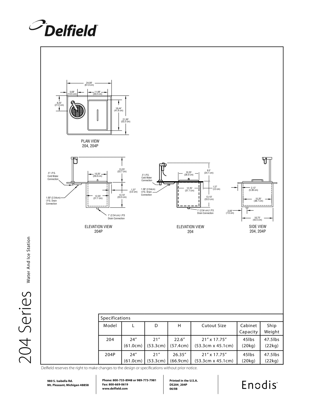 Delfield 204P specifications 22kg, 26.35 21 x 