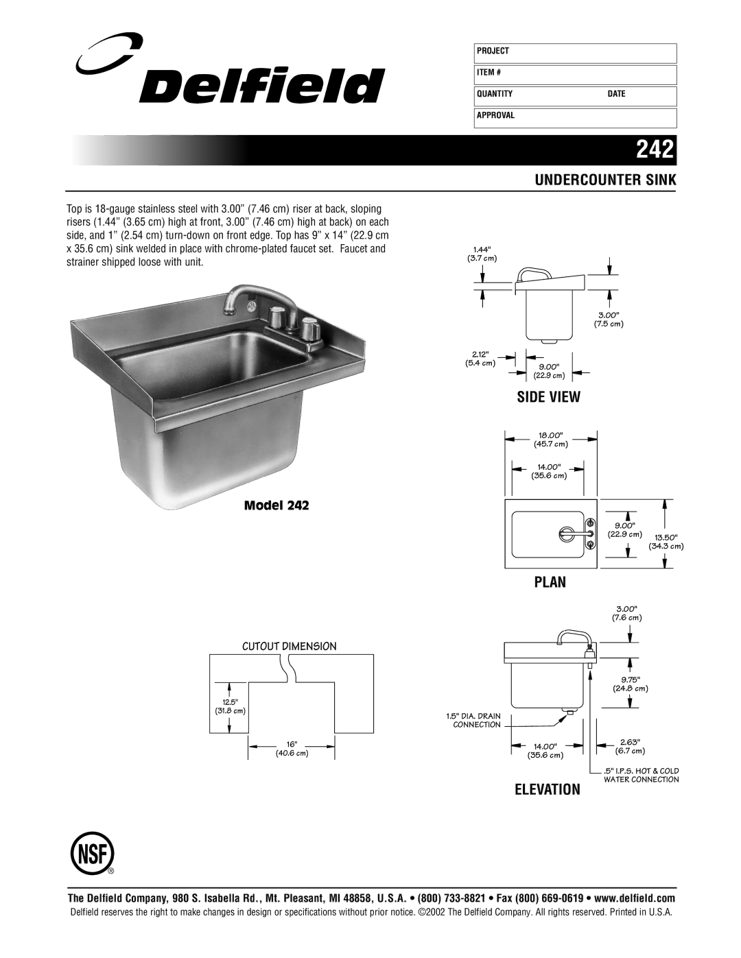 Delfield 242 specifications Undercounter Sink, Side View, Plan, Model 