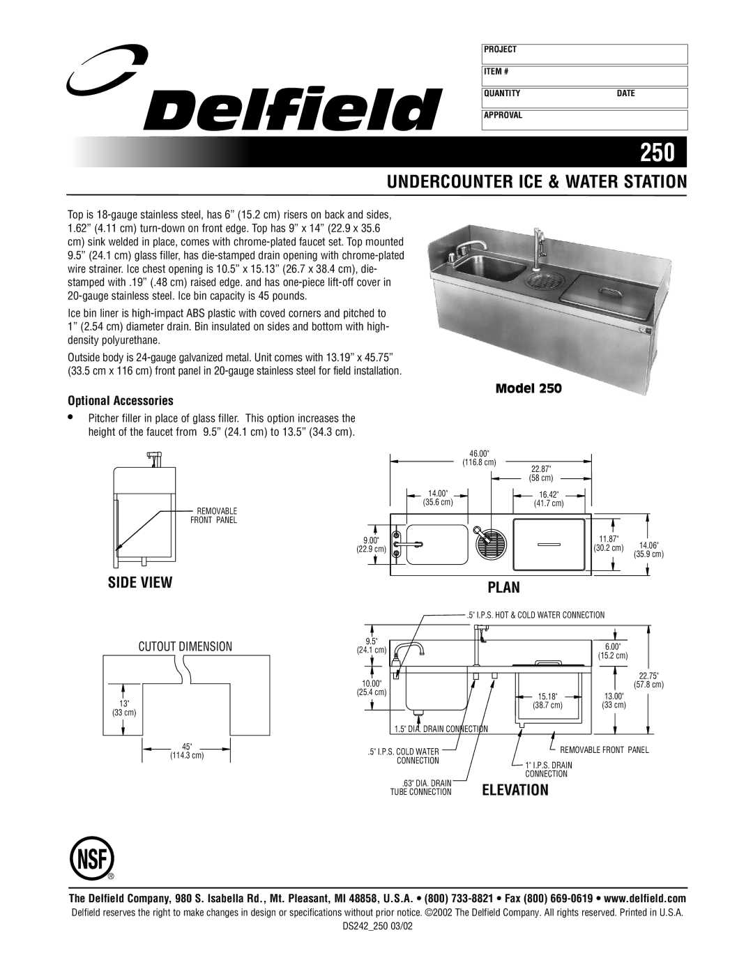 Delfield 242 specifications 250, Undercounter ICE & Water Station, Side View Plan, Elevation, Model Optional Accessories 