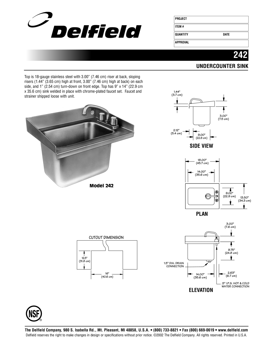 Delfield 242 specifications Undercounter Sink, Side View, Plan, Model, Cutout Dimension, Elevation 