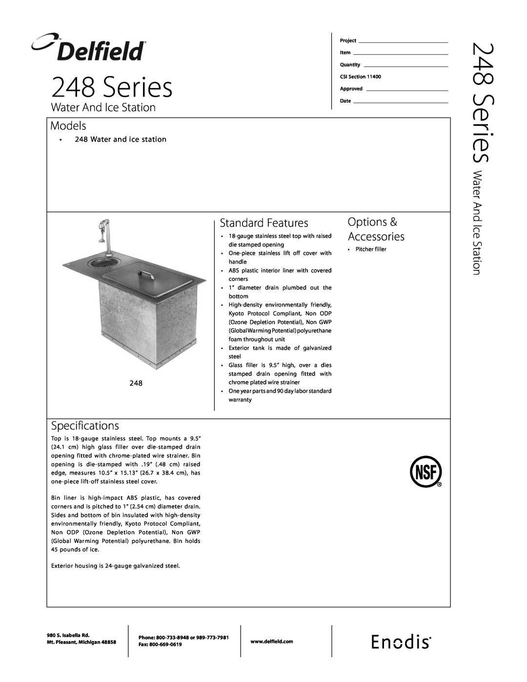 Delfield 248 Series specifications Series Water And, Water And Ice Station, Models, Standard Features, Specifications 