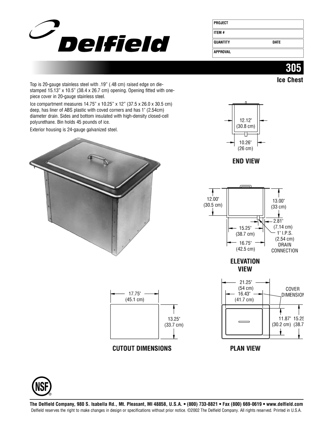 Delfield 305 dimensions Cutout Dimensions, Ice Chest, END View, Plan View 