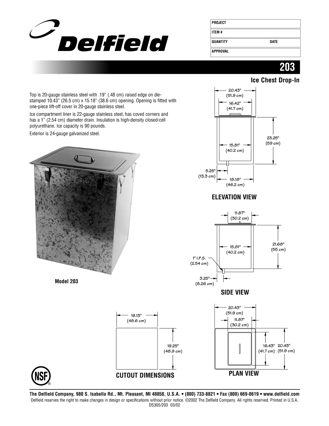 Delfield 305 dimensions 203, Ice Chest Drop-In, Elevation View, Side View 