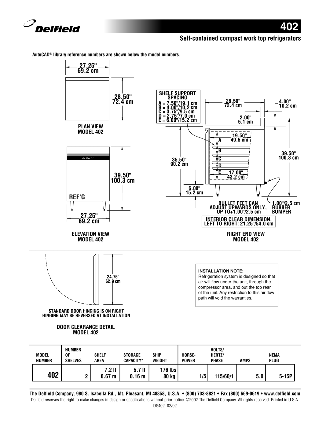 Delfield 402 specifications 39.50, 100.3 cm, Ref’G, 27.25 