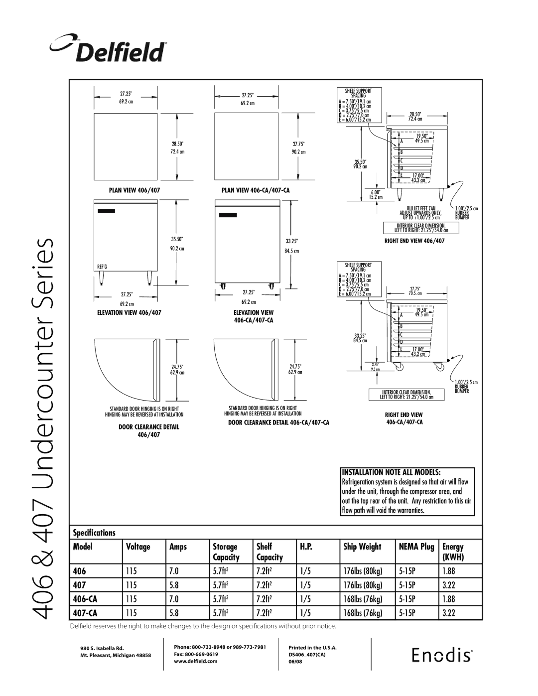 Delfield 406 & 407 Undercounter Series, Plan View 406-CA/407-CA, Elevation View 406/407, Door Clearance Detail 