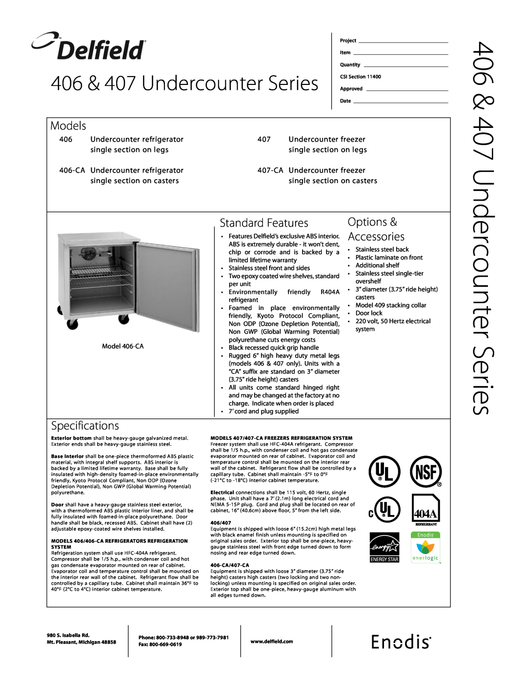 Delfield 406-CA specifications Models, Standard Features, Options & Accessories, Specifications, Undercounter Series 
