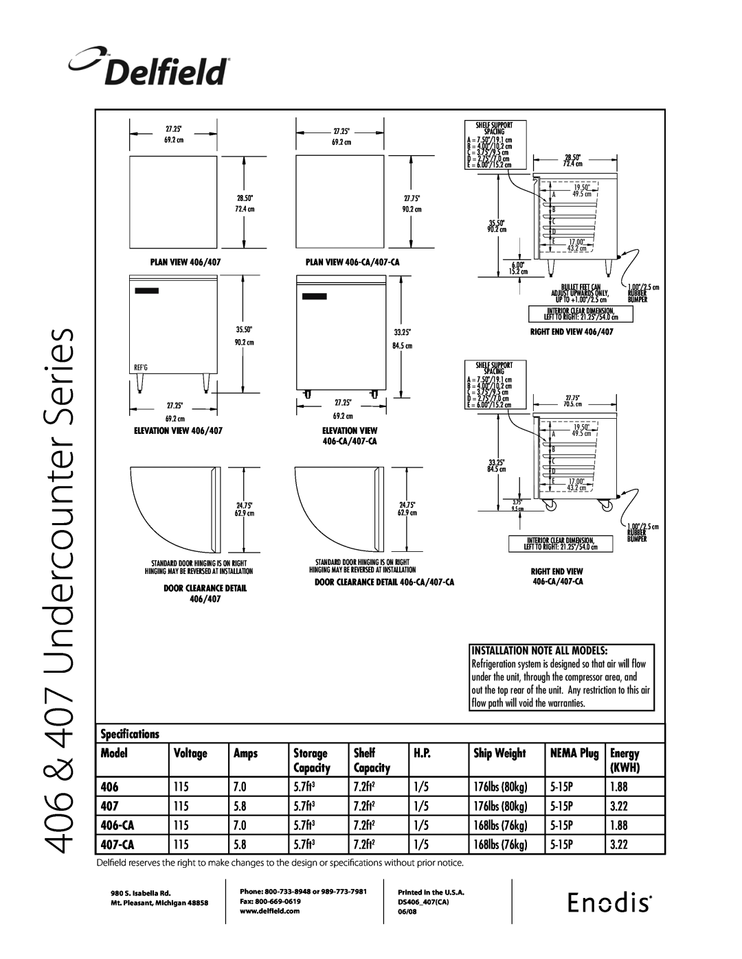 Delfield 406-CA 406 & 407 Undercounter Series, Model, Voltage, Amps, Storage, Shelf, Ship Weight, Energy, Capacity, 407-CA 