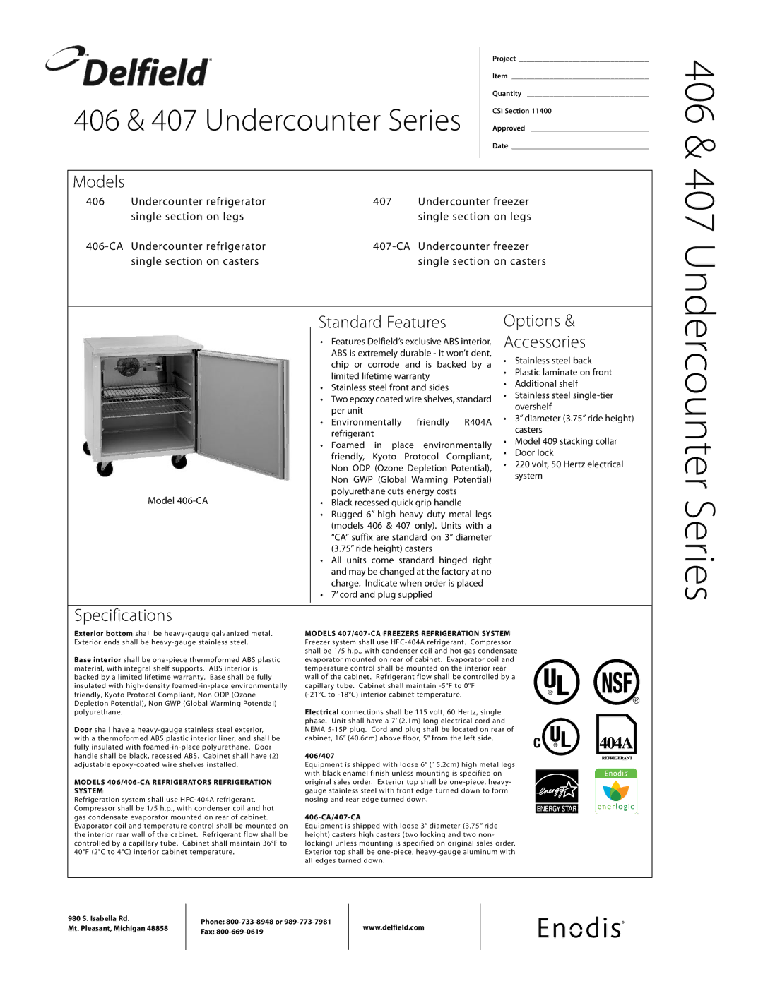 Delfield 407-CA specifications Models, Standard Features, Options Accessories, Specifications 