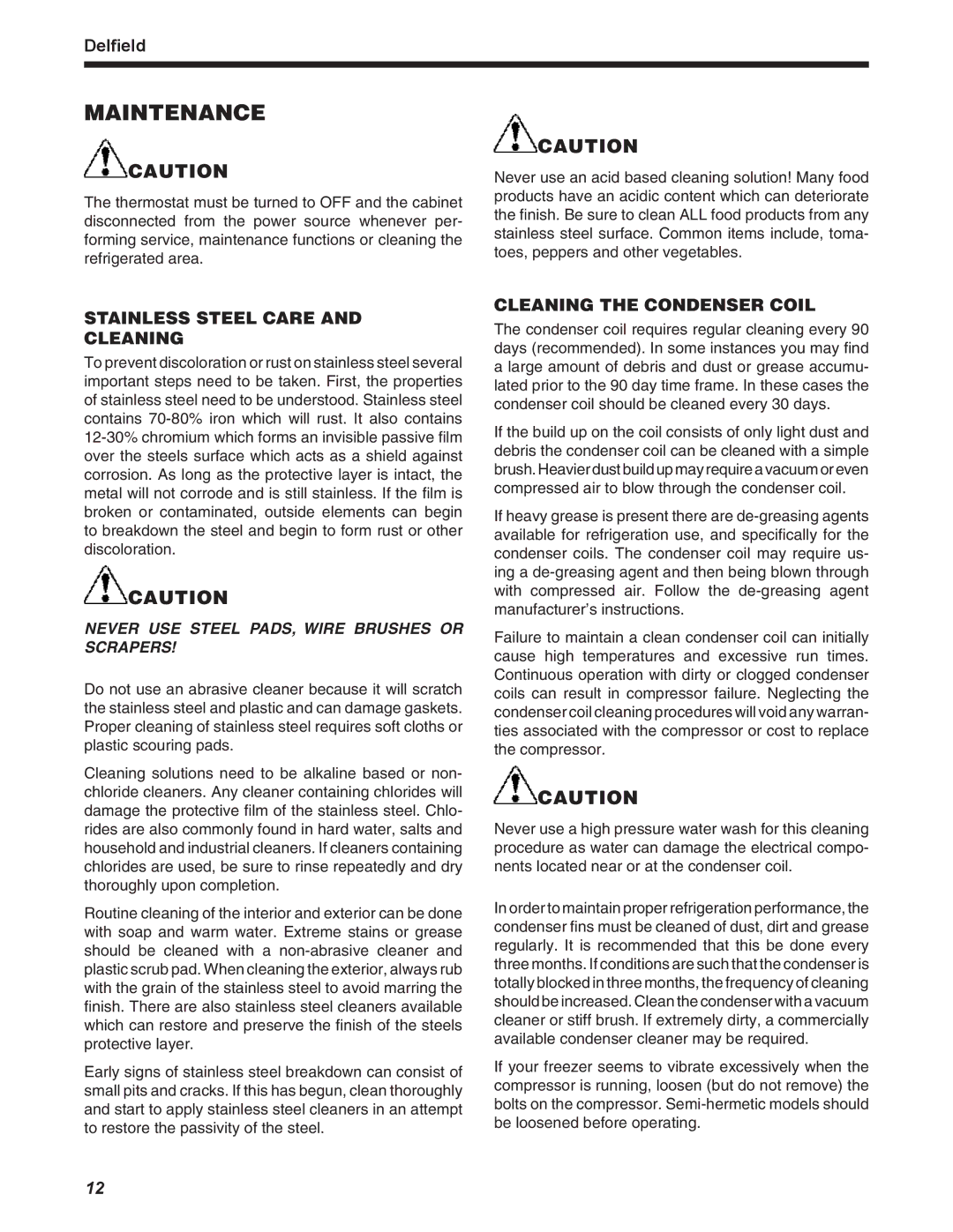 Delfield 4400 series operation manual Maintenance, Stainless Steel Care Cleaning 