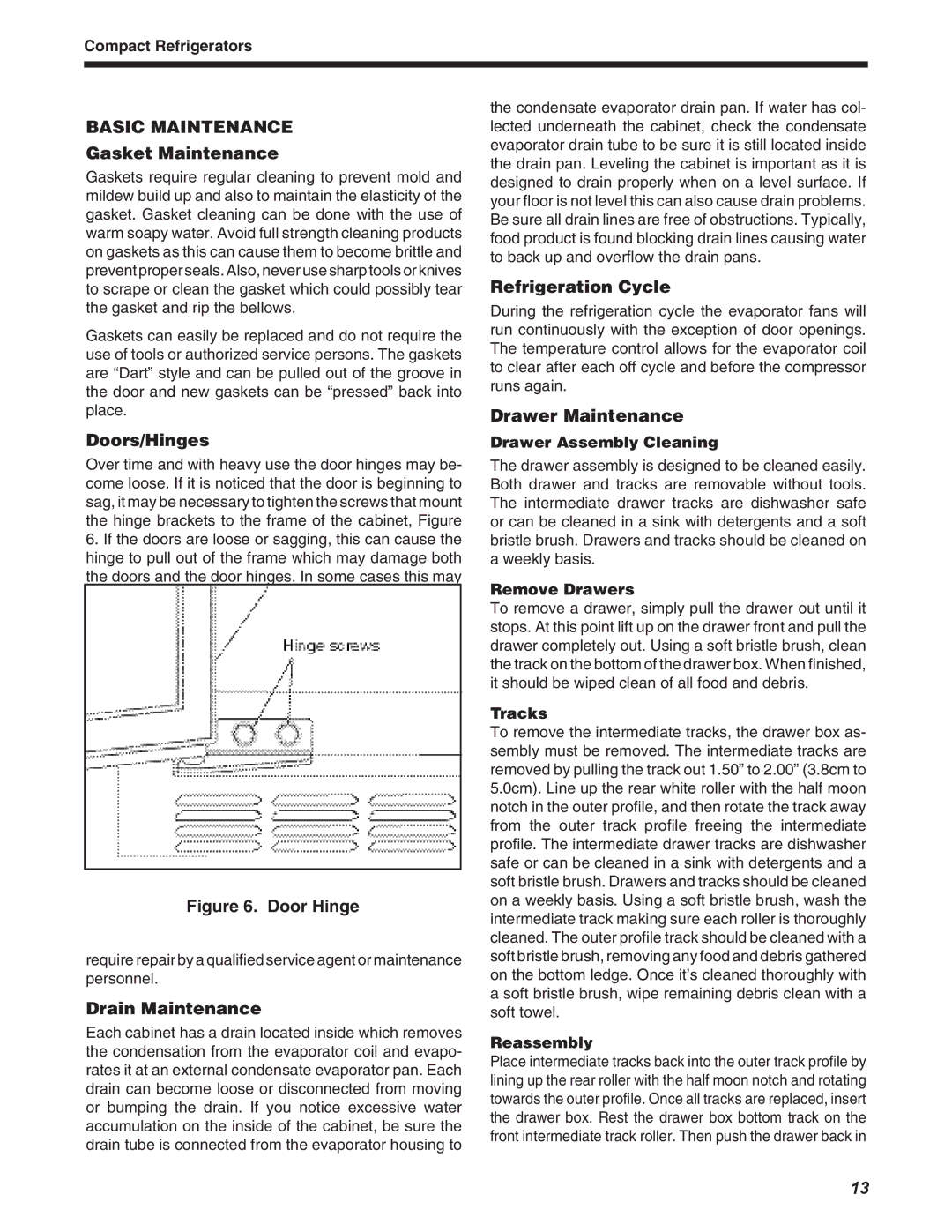 Delfield 4400 series Gasket Maintenance, Doors/Hinges, Drain Maintenance, Refrigeration Cycle, Drawer Maintenance 