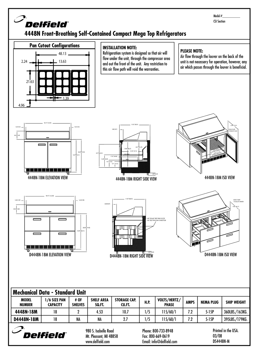 Delfield 4448N-1 8M specifications Installation Note, Please Note 