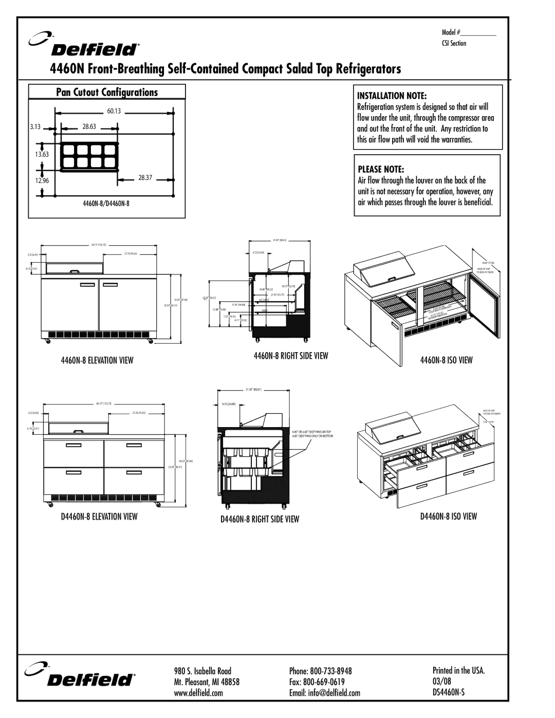 Delfield 4460N-12 specifications Installation Note, Please Note, 4460N-8 Elevation View, 4460N-8 Right Side View 