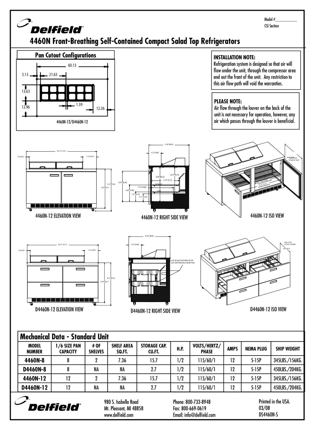 Delfield specifications 4460N-12 Elevation View, D4460N-12 Right Side View 