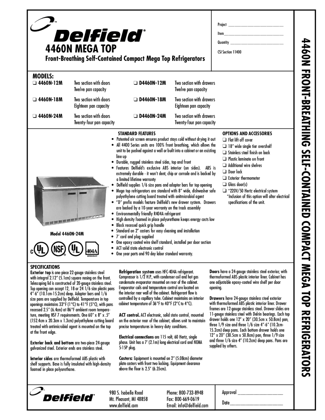 Delfield 4460N-24M, 4460N-18M, 4460N-12M manual Standard Features, Options and Accessories 