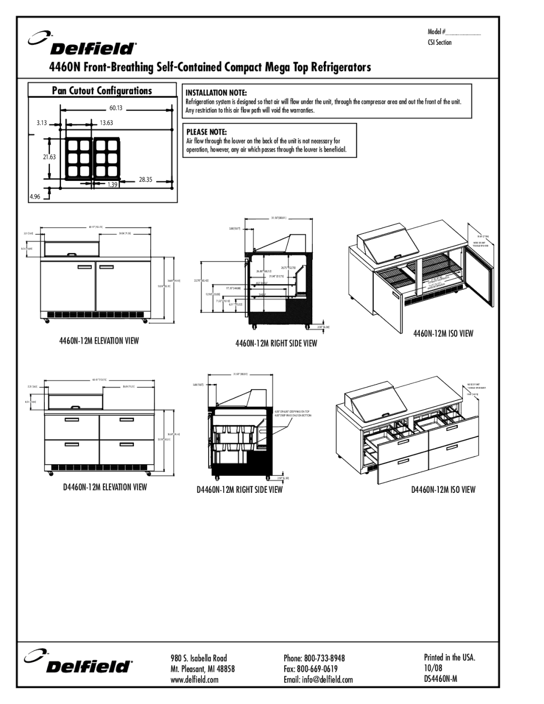 Delfield 4460N-18M, 4460N-24M manual D4460N-12M Elevation View, D4460N-12M ISO View, Installation Note, Please Note 