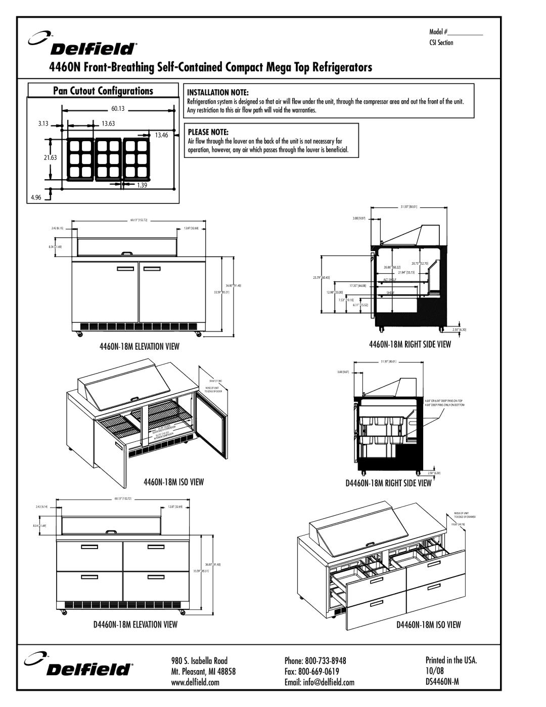 Delfield 4460N-24M, 4460N-12M manual D4460N-18M Right Side View, D4460N-18M Elevation View D4460N-18M ISO View 