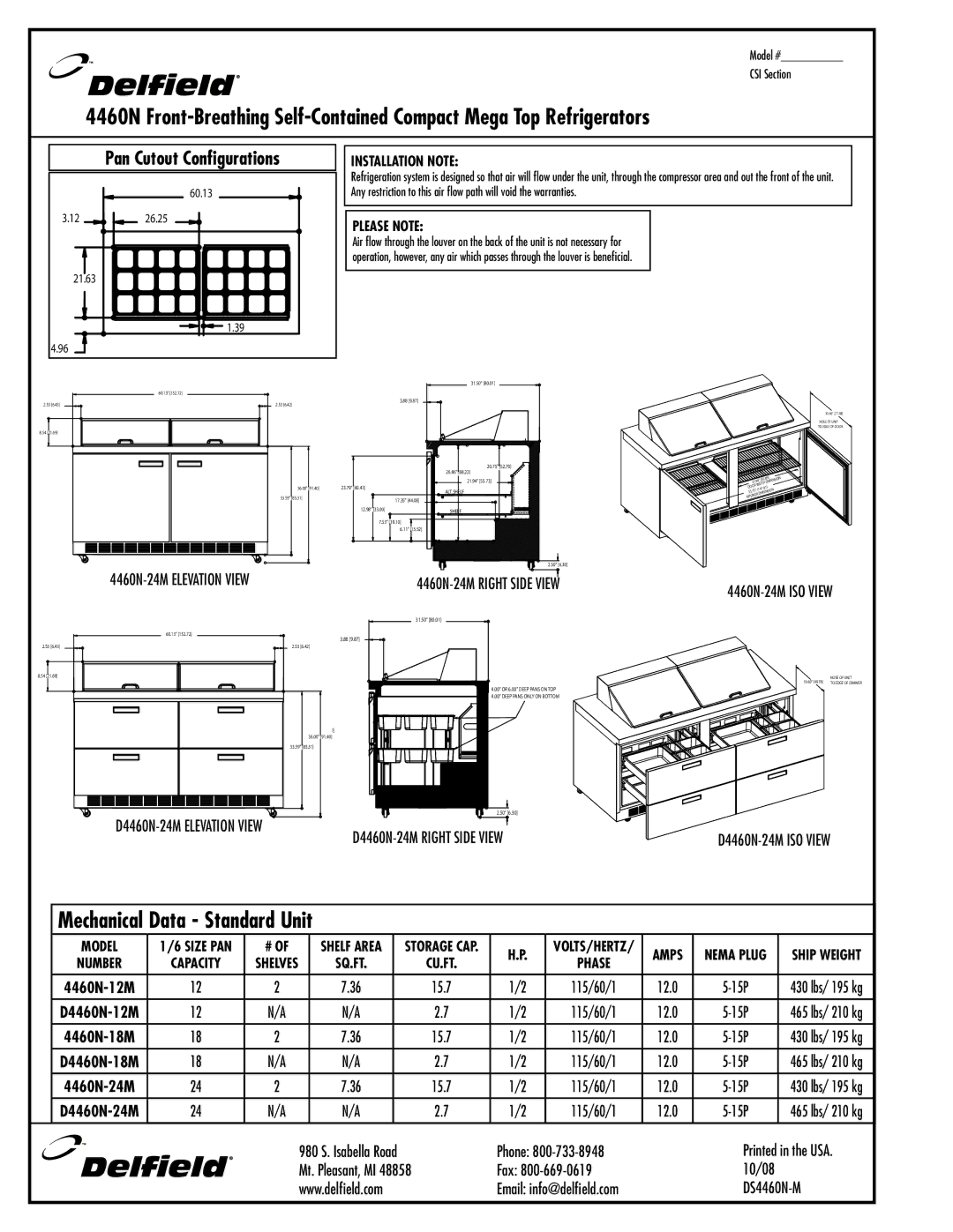 Delfield 4460N-18M, 4460N-12M manual D4460N-24M Elevation View, D4460N-24M Right Side View D4460N-24M ISO View 